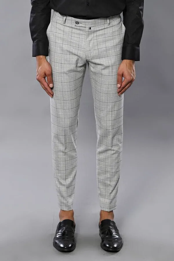 Plaid Slim-Fit Light Grey Men Trousers - Wessi