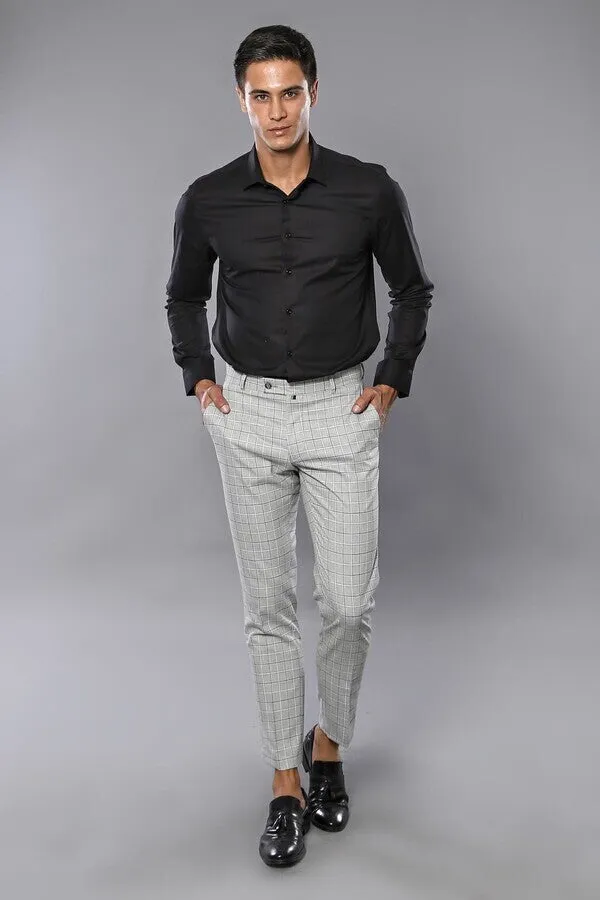 Plaid Slim-Fit Light Grey Men Trousers - Wessi