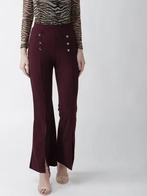 plusS Women Burgundy Regular Fit Solid Bootcut Trousers