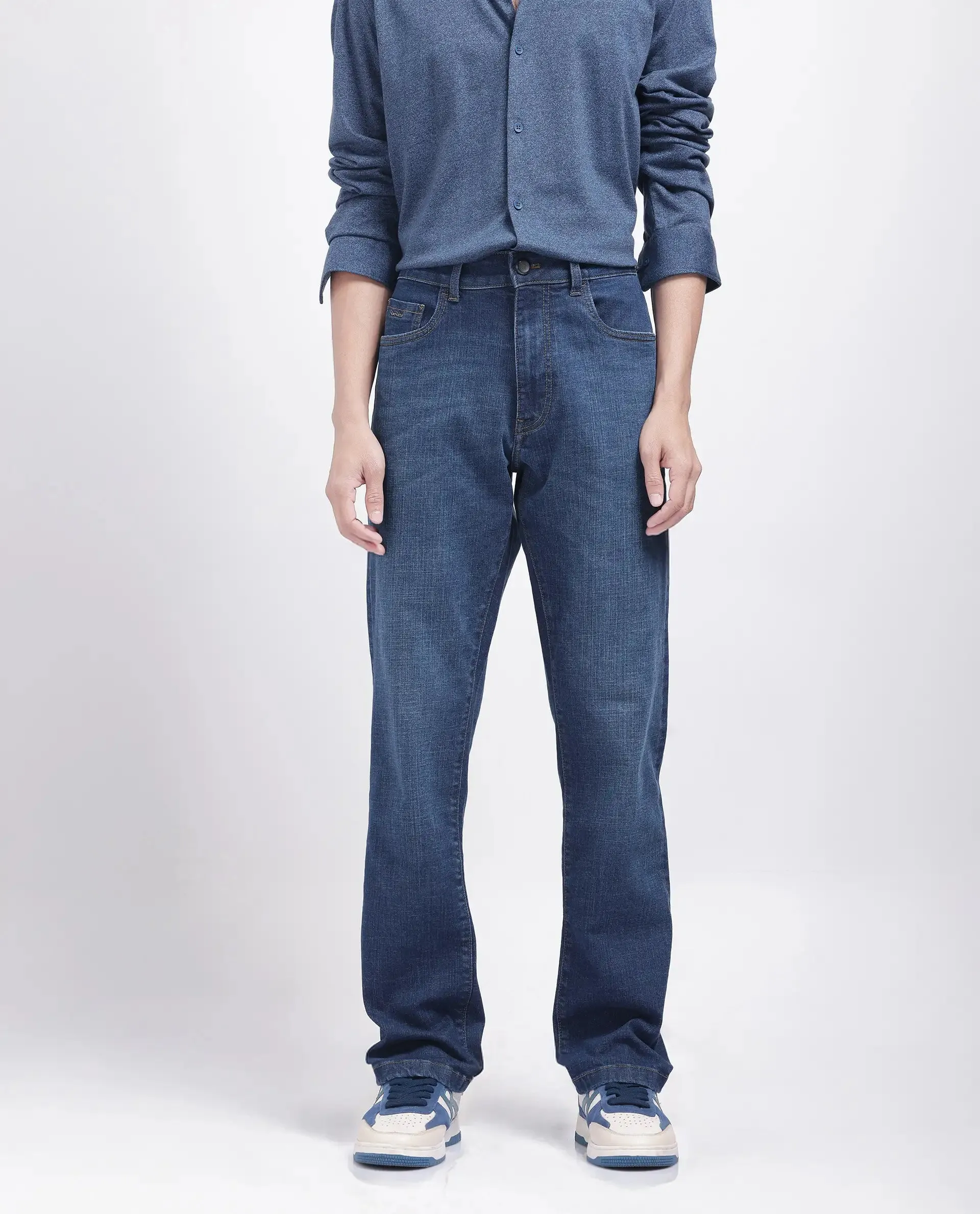 Rare Rabbit Men Axel Blue Cotton Blend Fabric Button And Zip Closure Plain Jeans