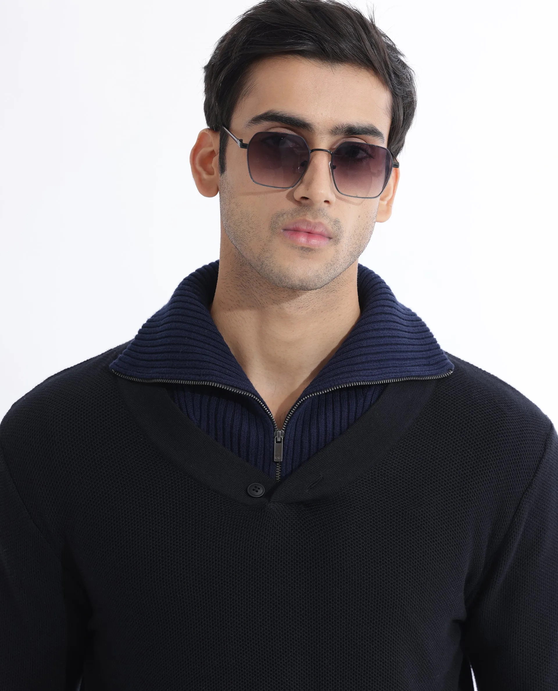 Rare Rabbit Mens Breeze Black Sweater Full Sleeve V-Neck Solid