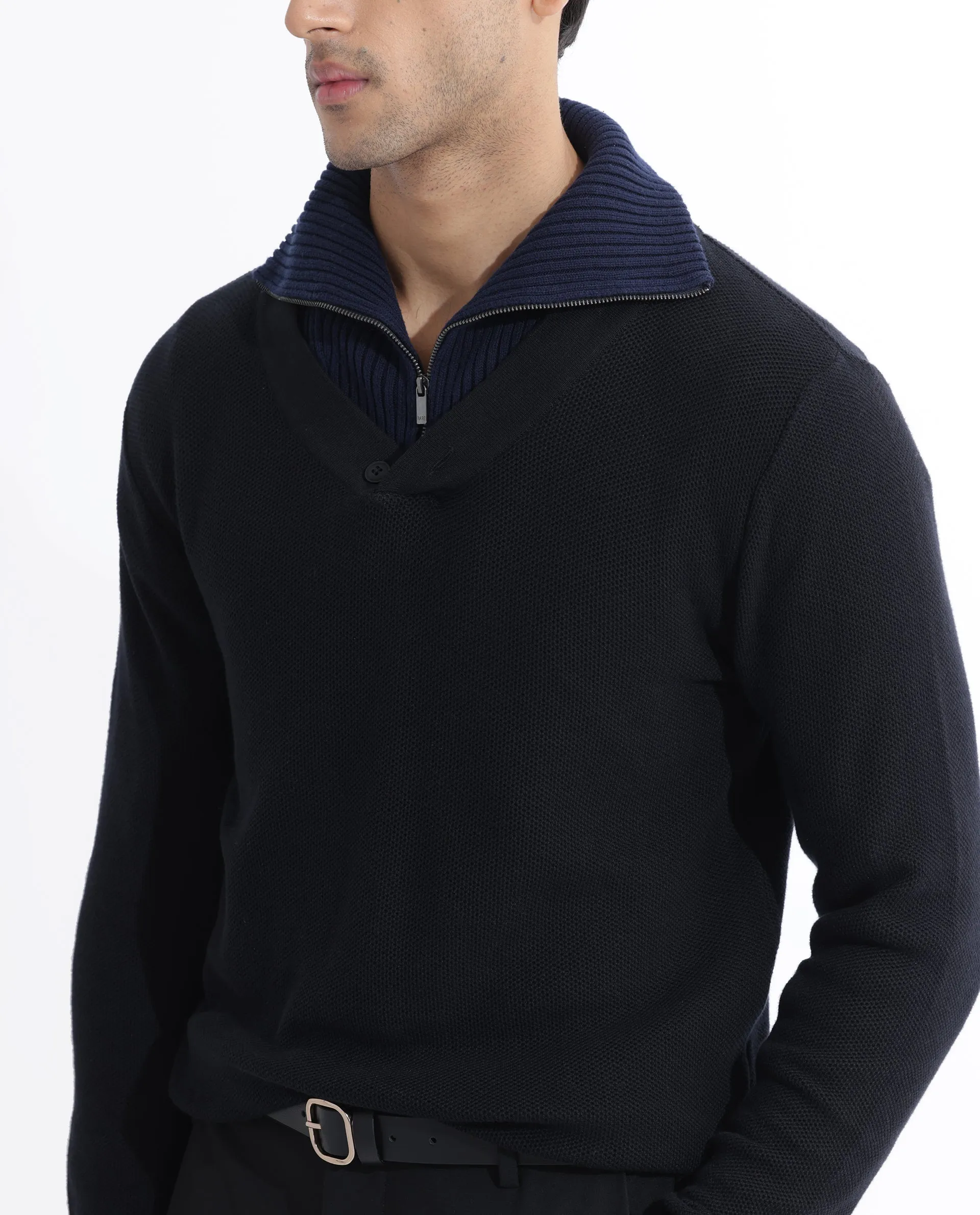 Rare Rabbit Mens Breeze Black Sweater Full Sleeve V-Neck Solid