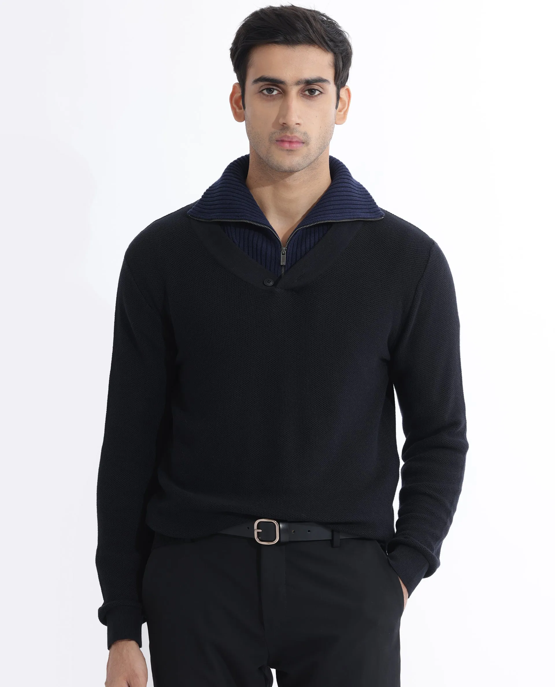 Rare Rabbit Mens Breeze Black Sweater Full Sleeve V-Neck Solid