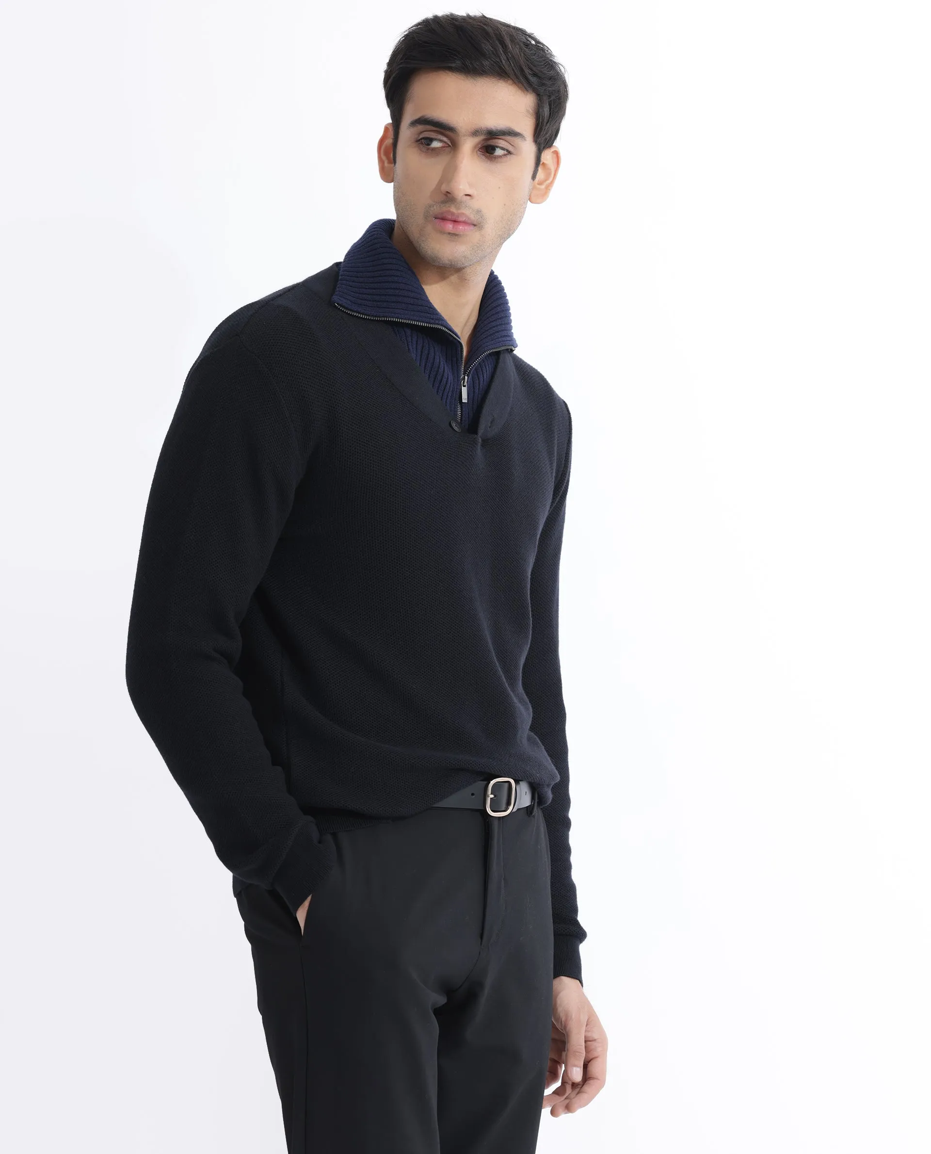 Rare Rabbit Mens Breeze Black Sweater Full Sleeve V-Neck Solid