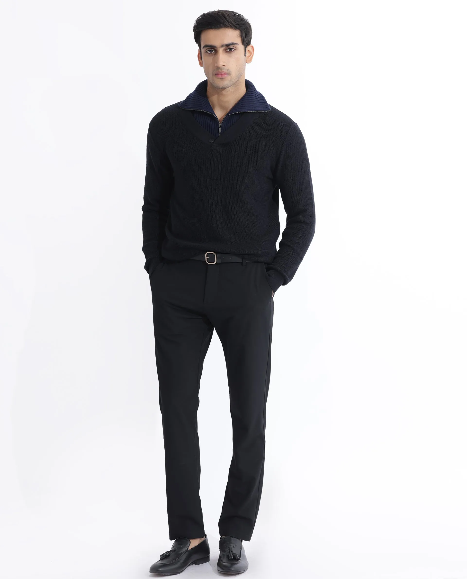 Rare Rabbit Mens Breeze Black Sweater Full Sleeve V-Neck Solid