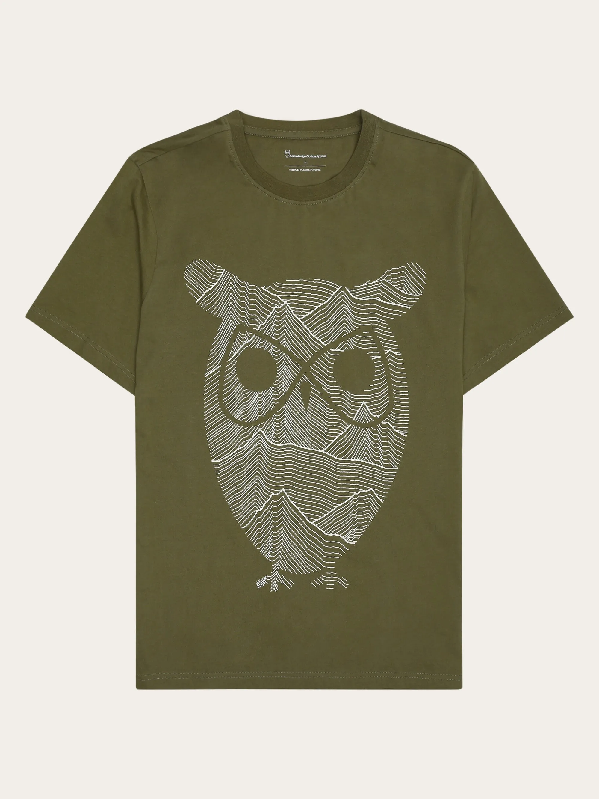 Regular single jersey mountain owl printed t-shirt - Regenerative Organic Certified™ - GOTS - Burned Olive