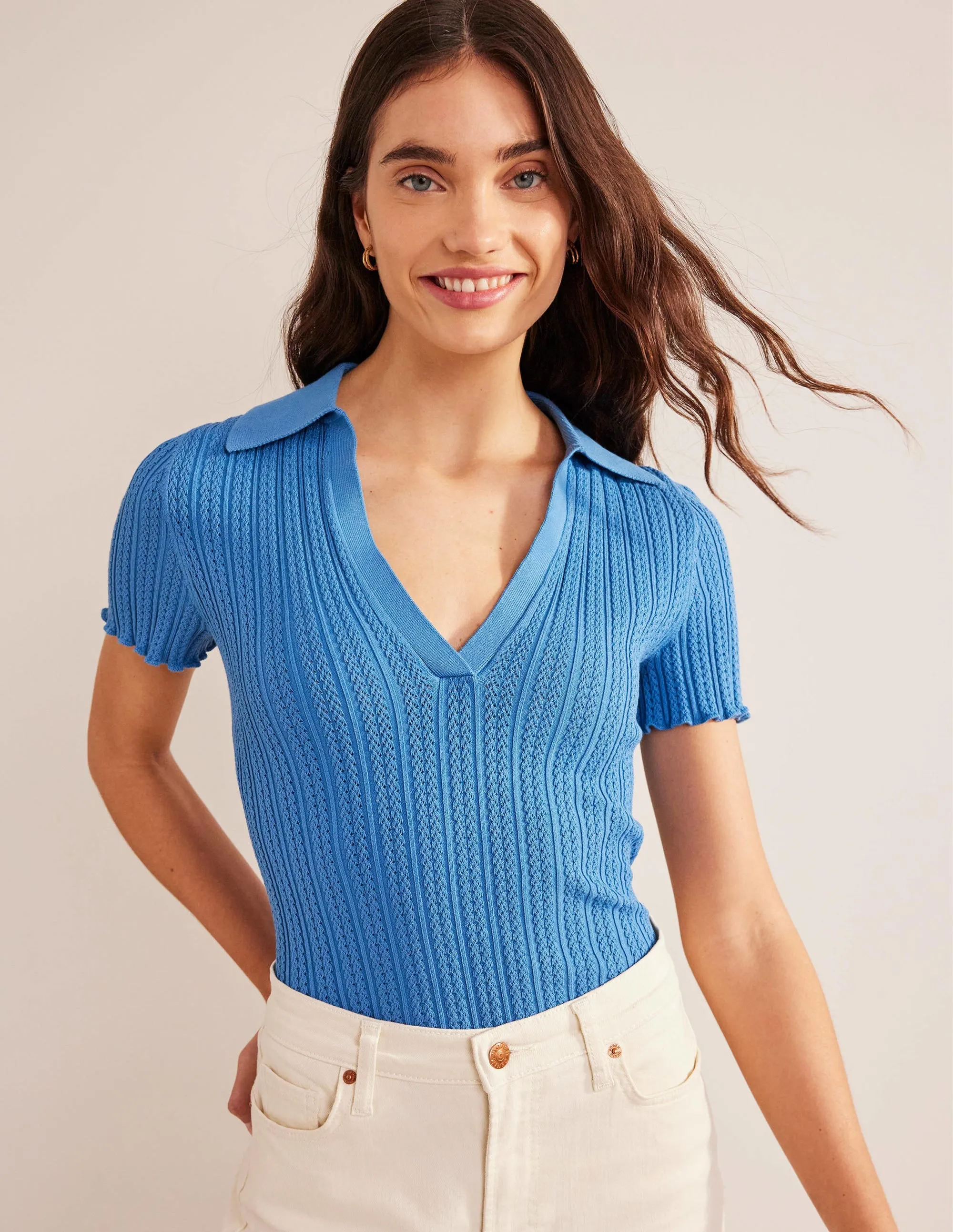 Ribbed Pointelle Collared Top-Porcelain Blue