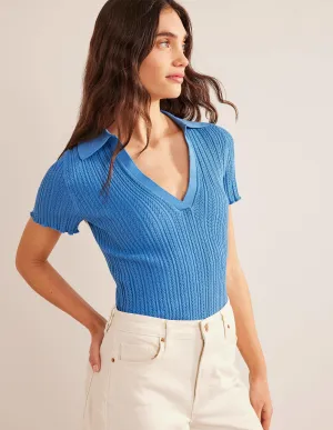 Ribbed Pointelle Collared Top-Porcelain Blue