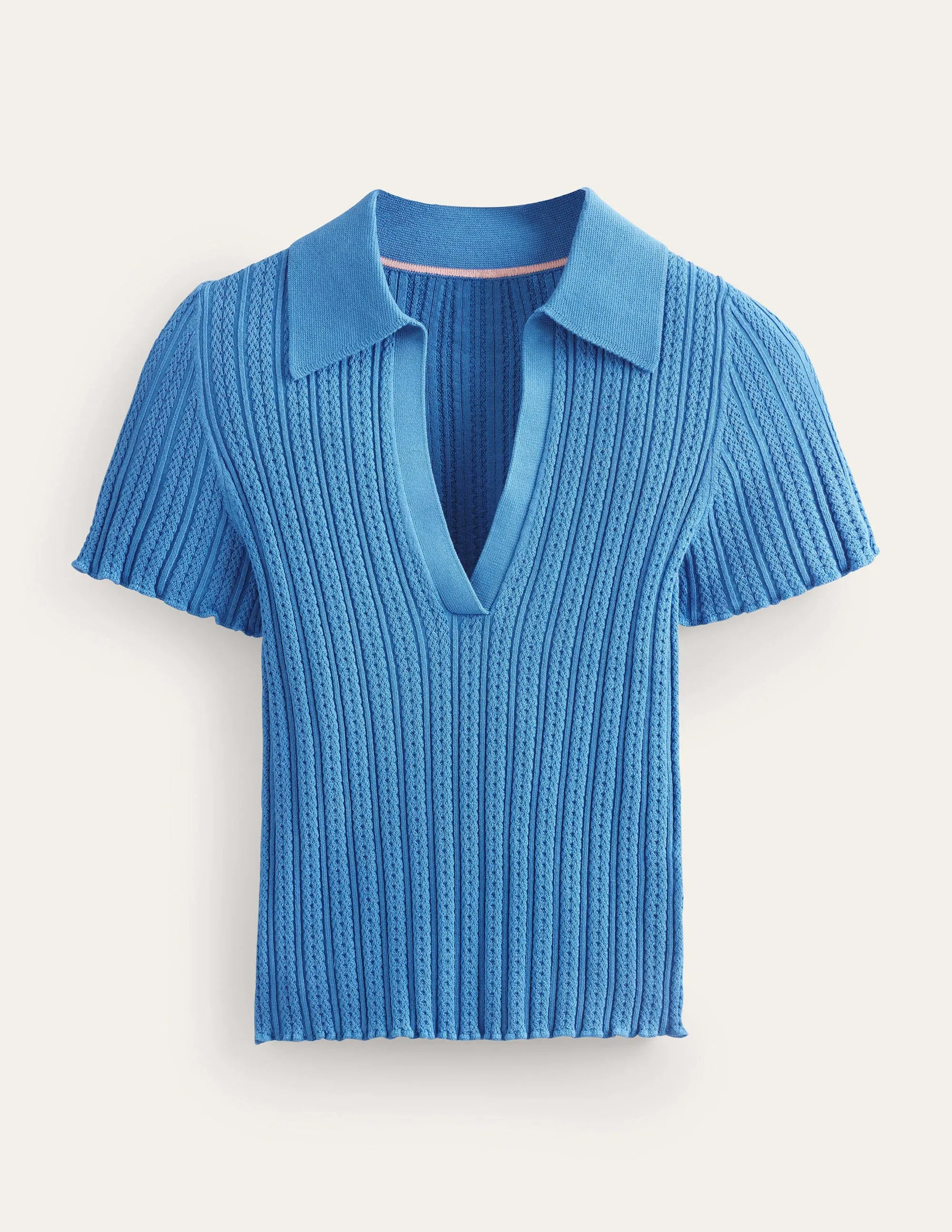 Ribbed Pointelle Collared Top-Porcelain Blue