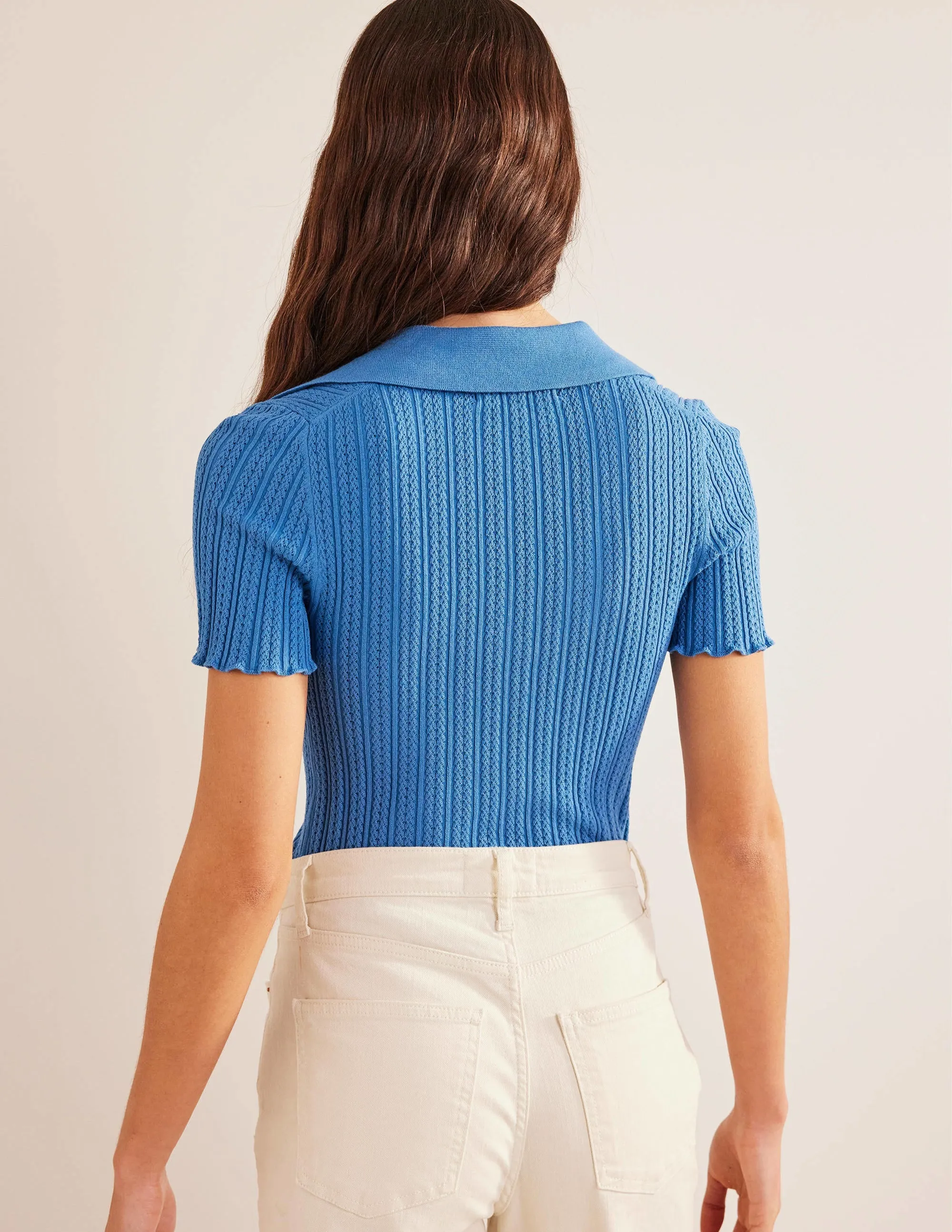 Ribbed Pointelle Collared Top-Porcelain Blue