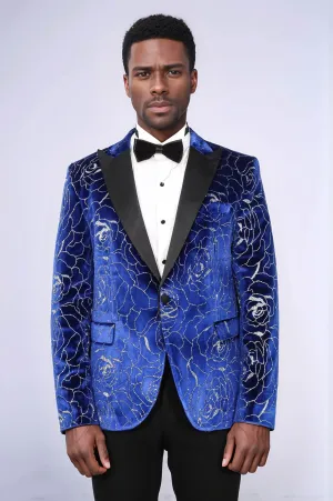 Shimmering  Silver Rose Patterned Over Blue Men Stage Tuxedo  Blazer - Wessi