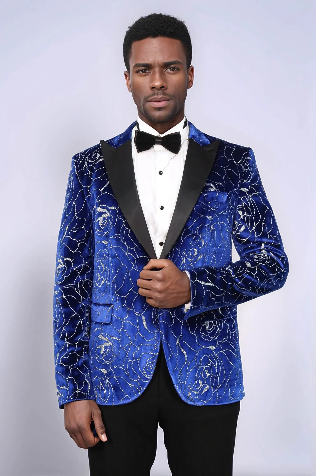 Shimmering  Silver Rose Patterned Over Blue Men Stage Tuxedo  Blazer - Wessi