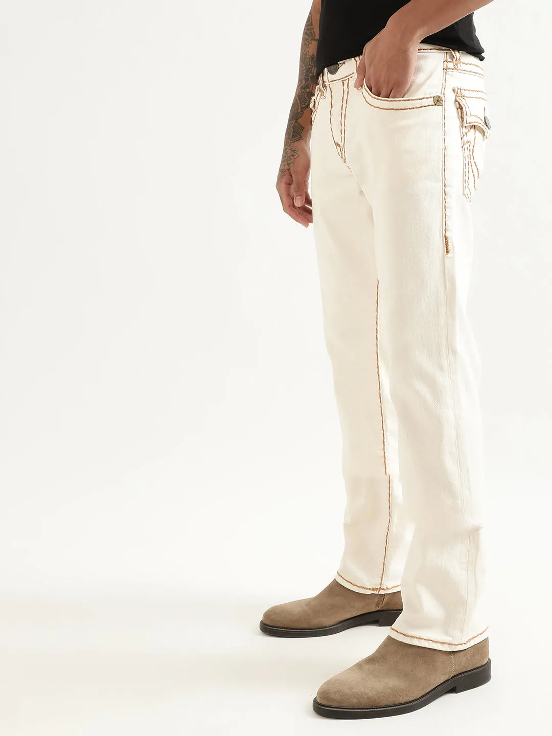 True Religion Mens Super T Ricky Straight Fit White Mid Rise Jeans