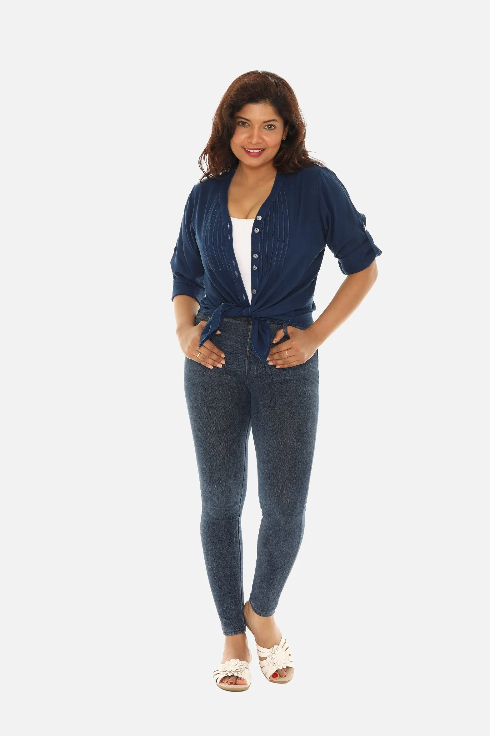 V-Neck Pin-Tuck Button-Front Tunic For Women
