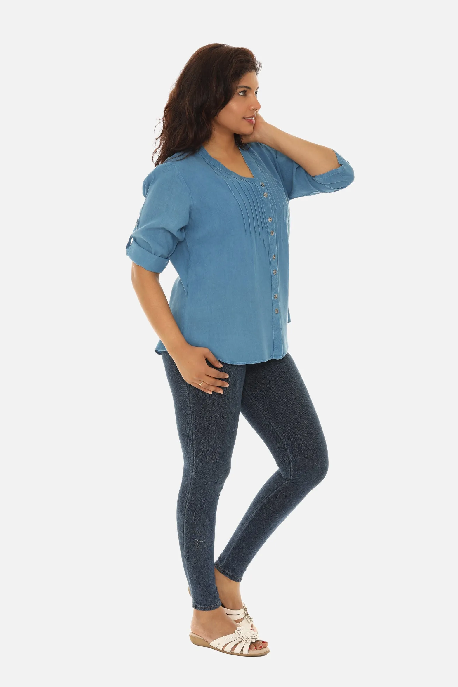 V-Neck Pin-Tuck Button-Front Tunic For Women