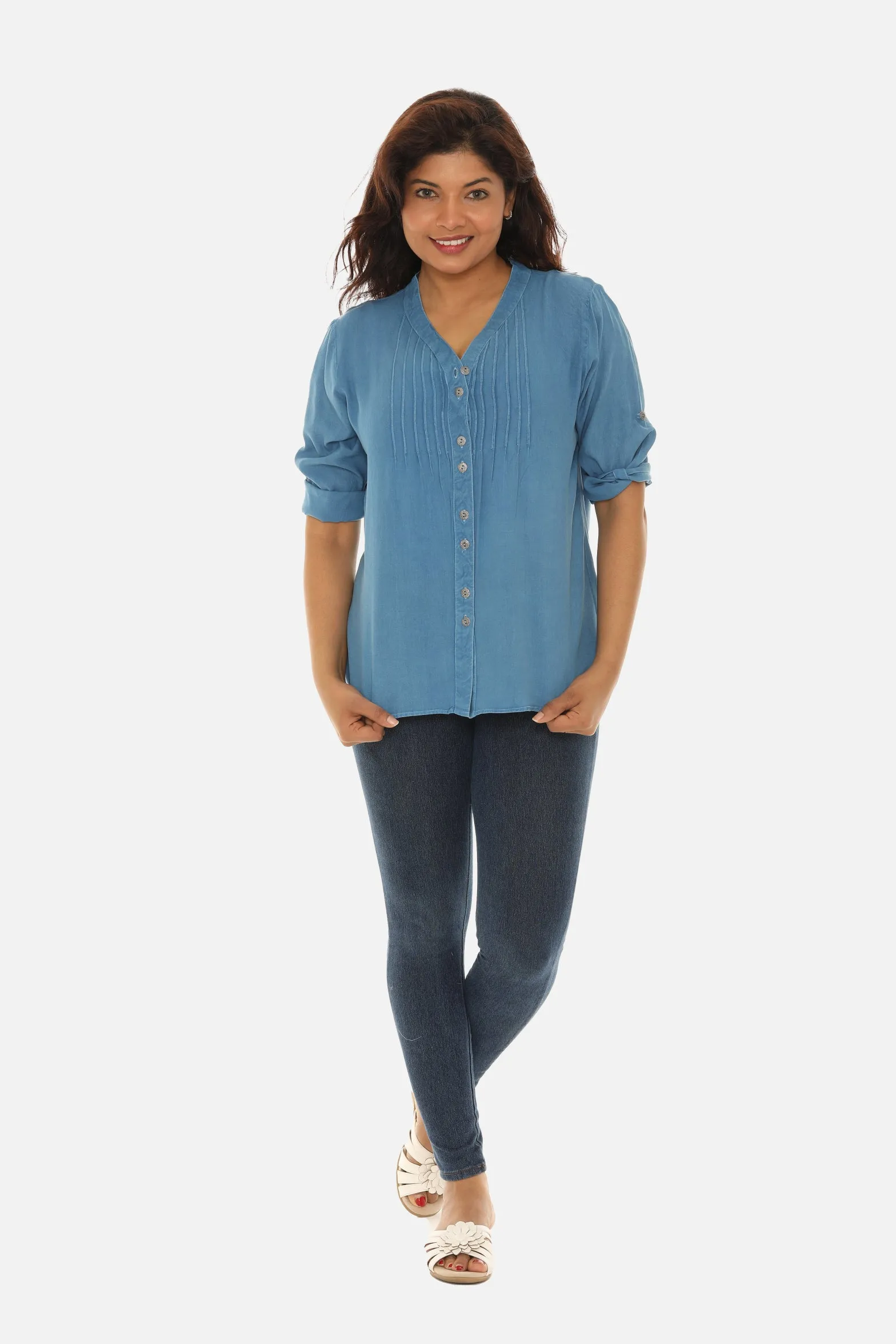 V-Neck Pin-Tuck Button-Front Tunic For Women
