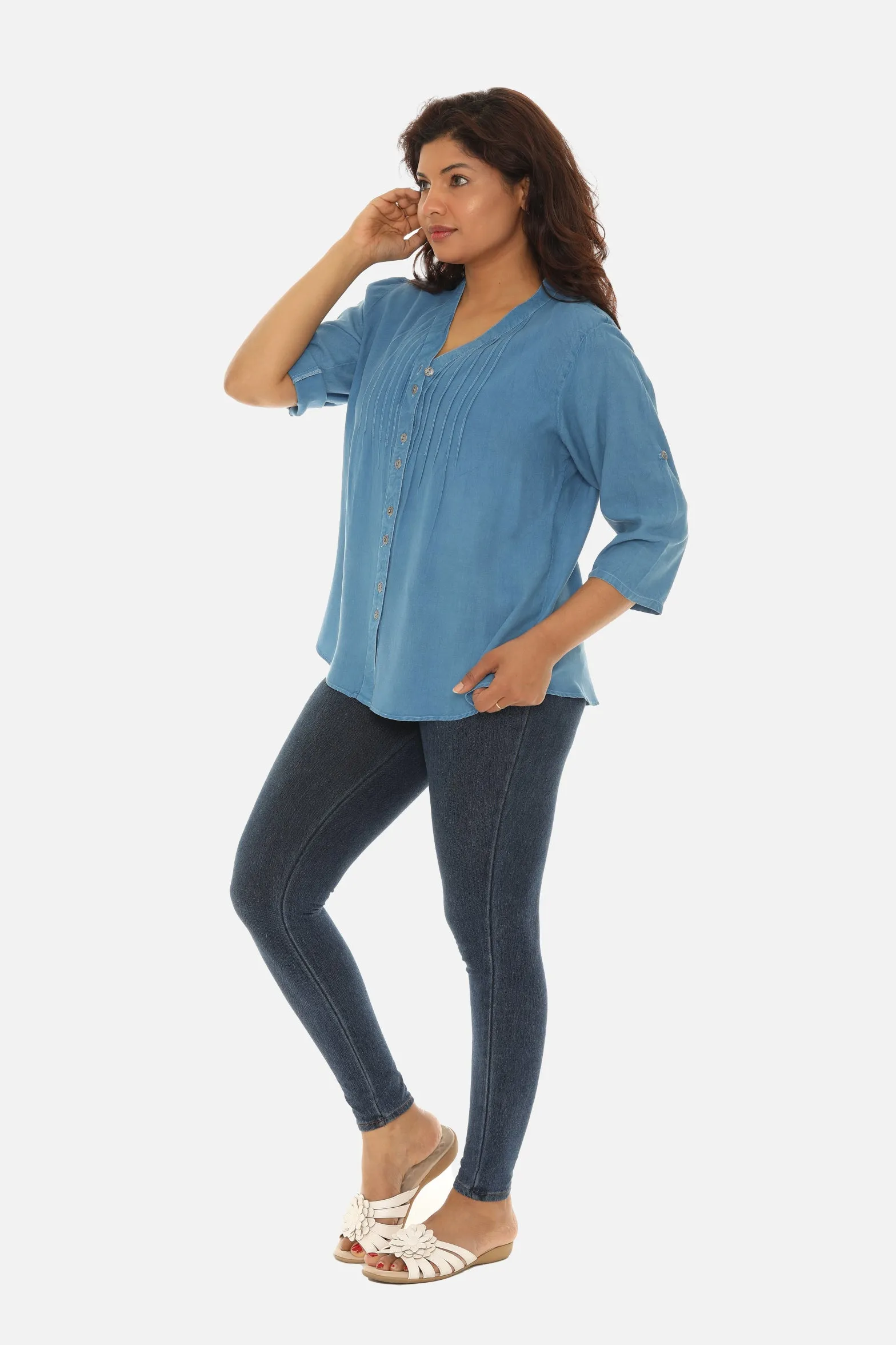 V-Neck Pin-Tuck Button-Front Tunic For Women