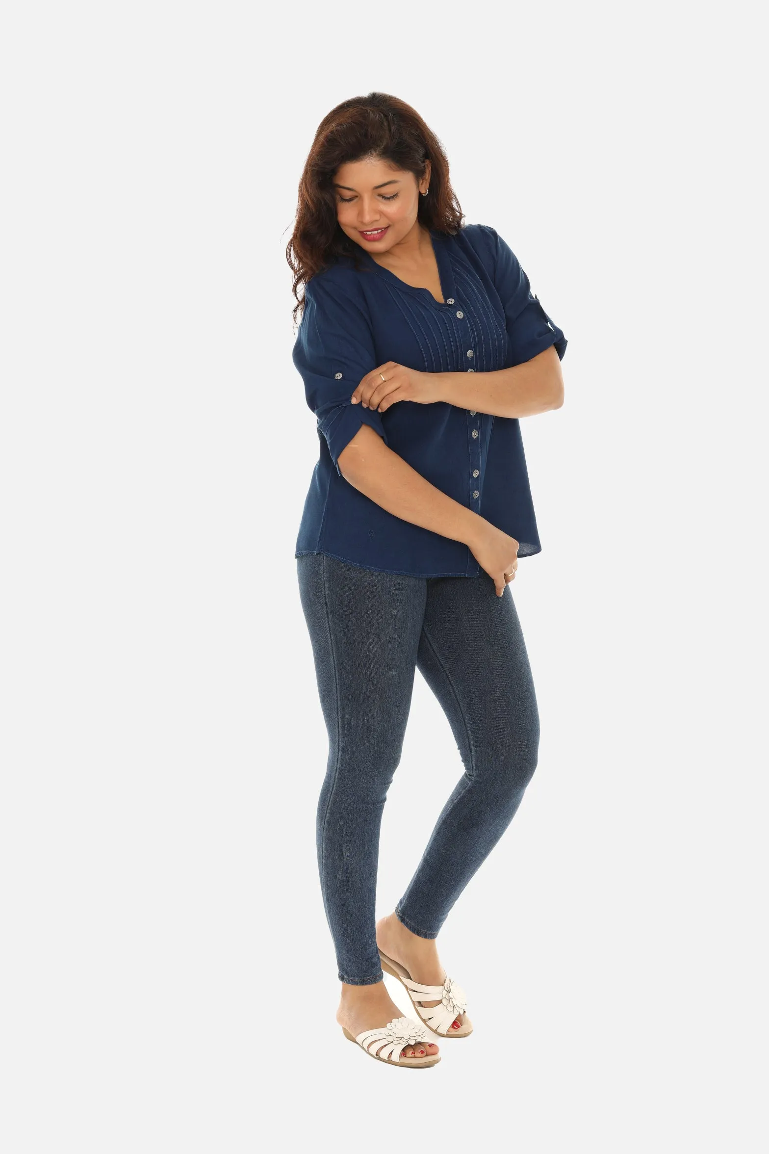 V-Neck Pin-Tuck Button-Front Tunic For Women