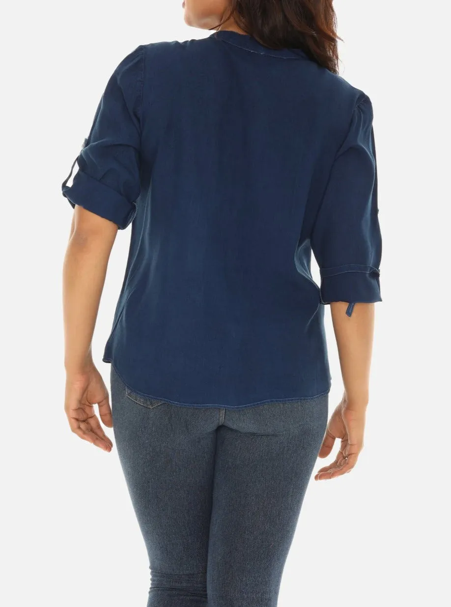 V-Neck Pin-Tuck Button-Front Tunic For Women