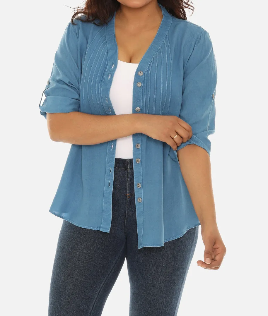 V-Neck Pin-Tuck Button-Front Tunic For Women