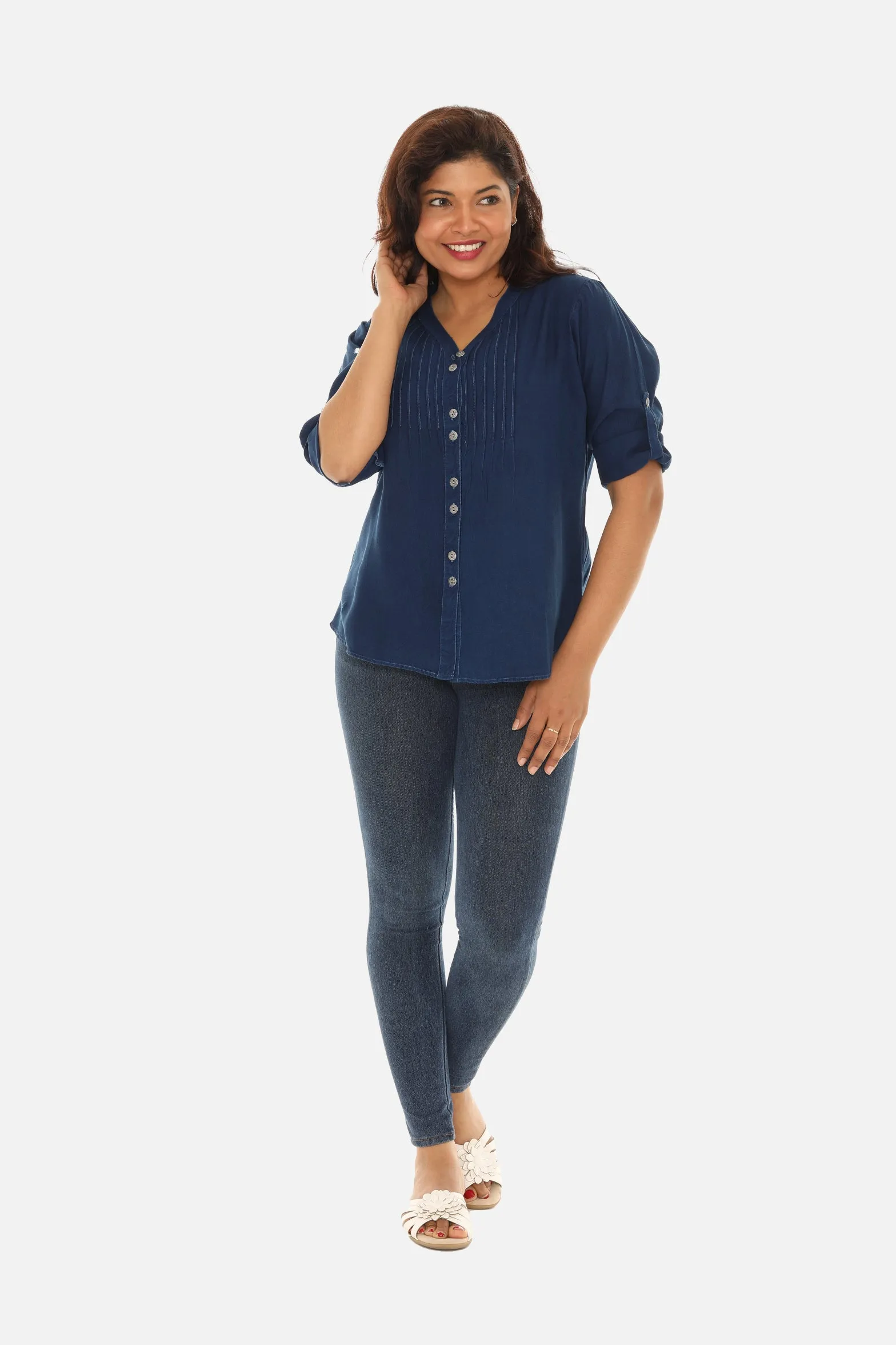V-Neck Pin-Tuck Button-Front Tunic For Women