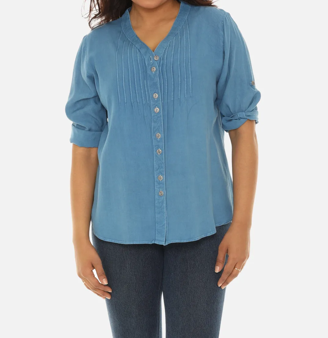 V-Neck Pin-Tuck Button-Front Tunic For Women