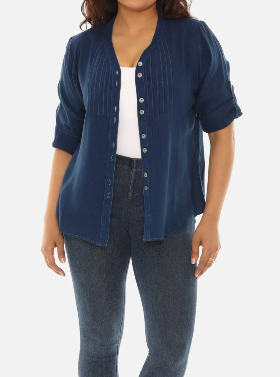 V-Neck Pin-Tuck Button-Front Tunic For Women