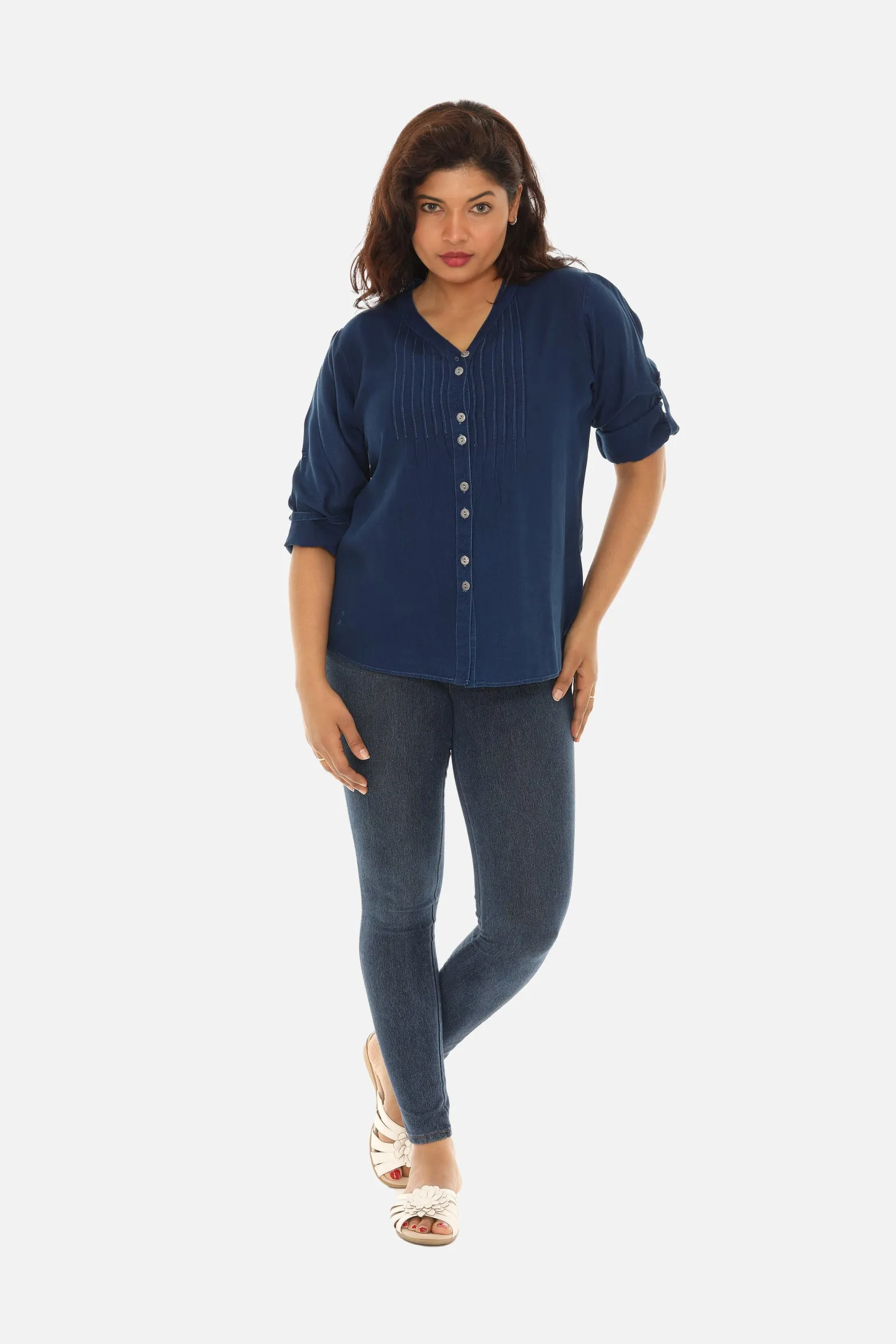 V-Neck Pin-Tuck Button-Front Tunic For Women
