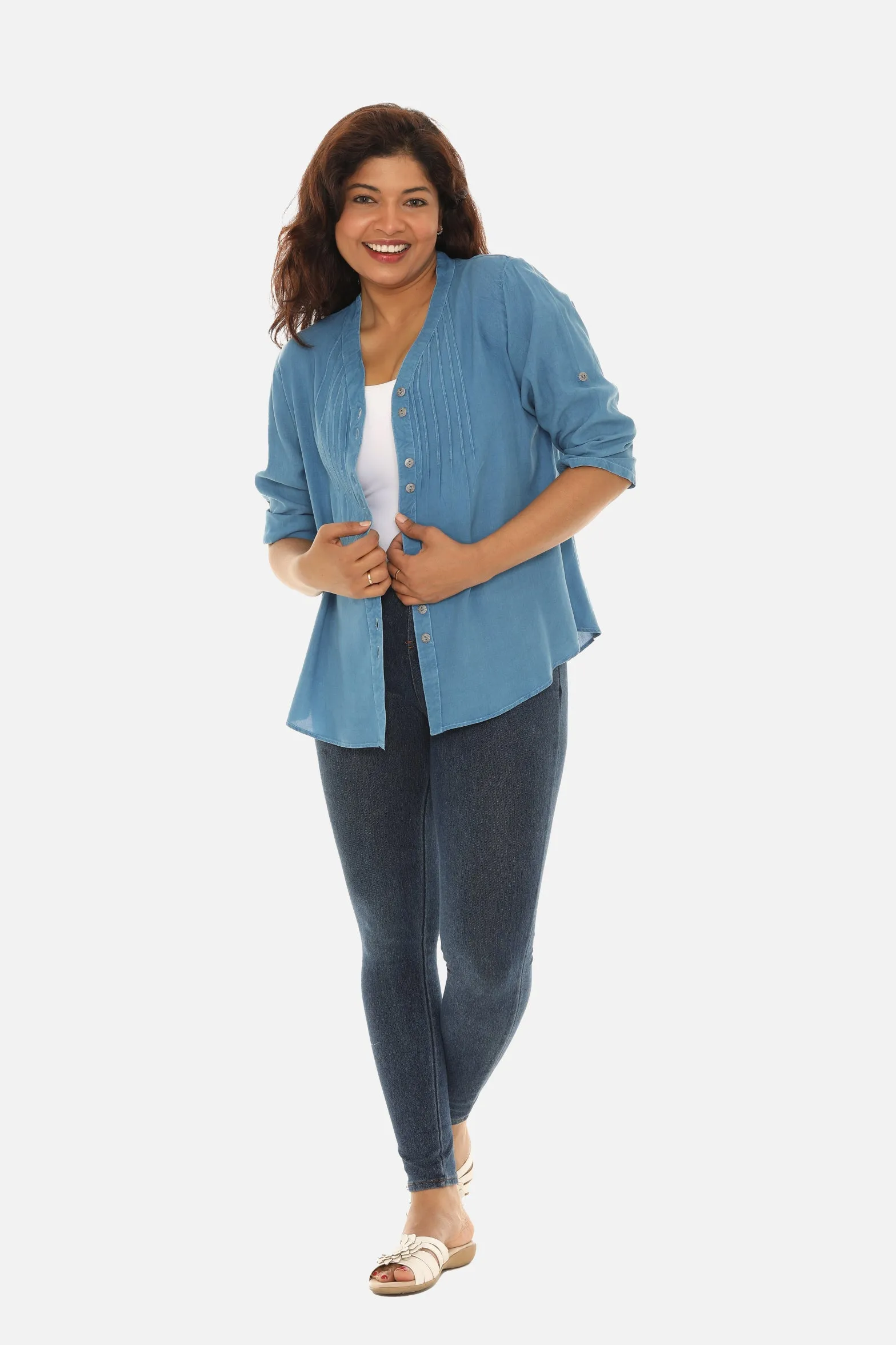 V-Neck Pin-Tuck Button-Front Tunic For Women