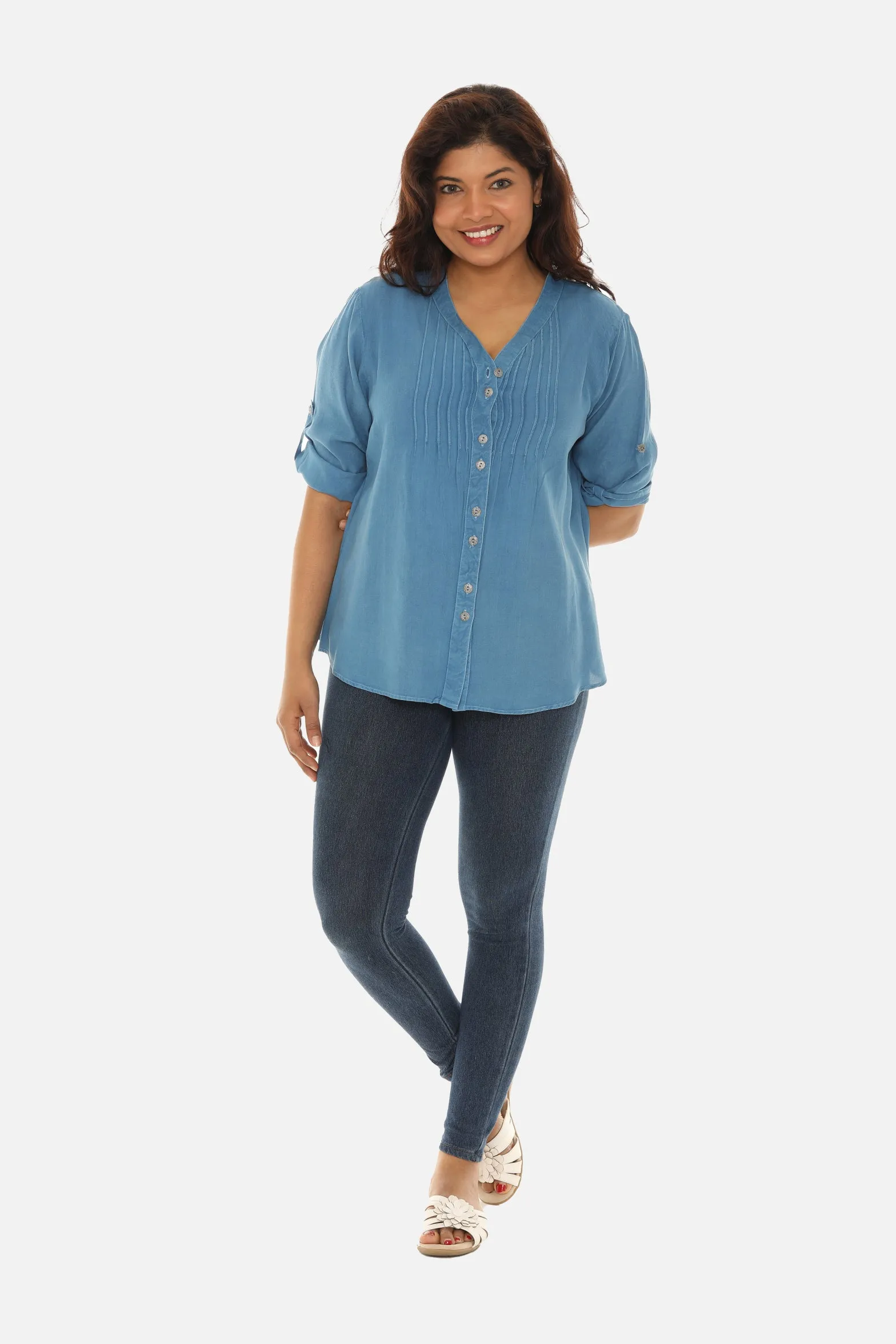V-Neck Pin-Tuck Button-Front Tunic For Women