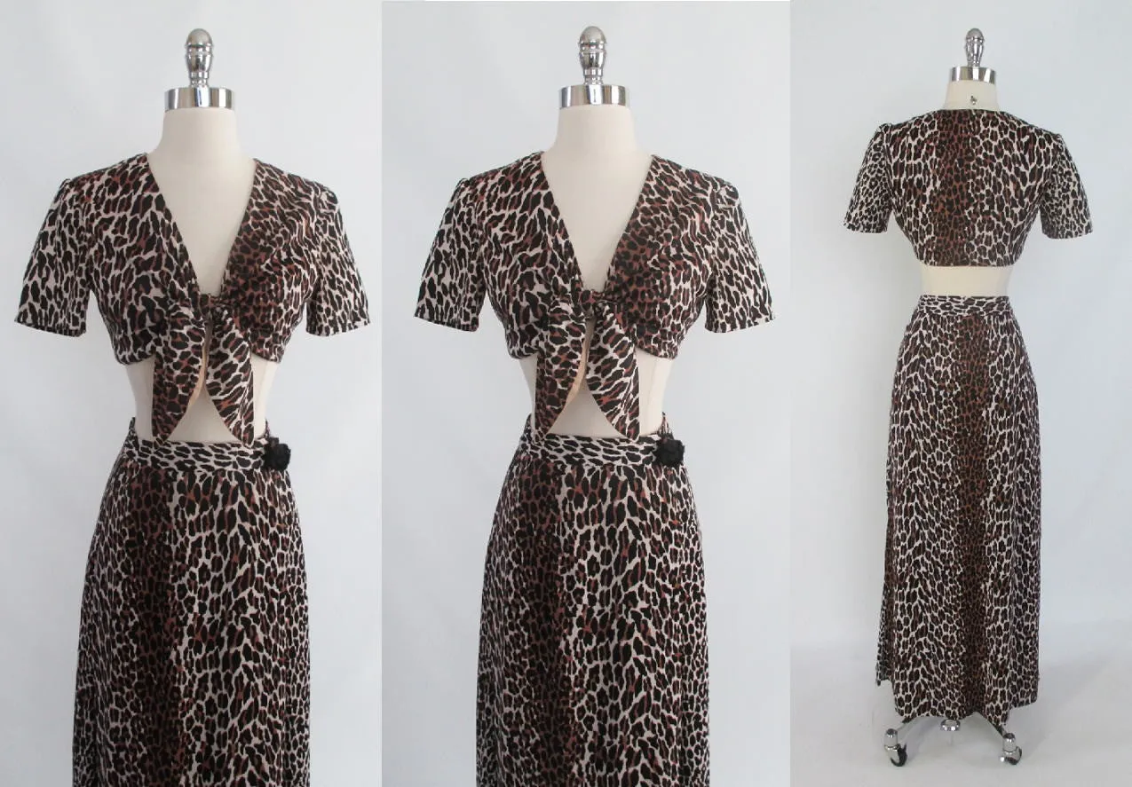  Vintage 60's Leopard Print Tie Bra Top and Long Wrap Skirt Nightgown Lounge set XS