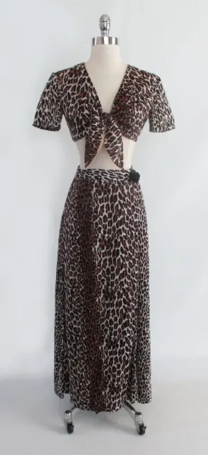  Vintage 60's Leopard Print Tie Bra Top and Long Wrap Skirt Nightgown Lounge set XS