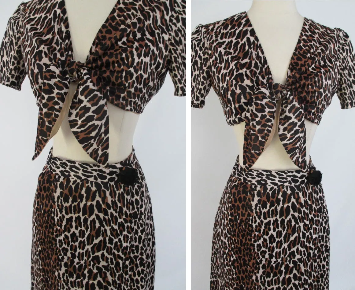  Vintage 60's Leopard Print Tie Bra Top and Long Wrap Skirt Nightgown Lounge set XS