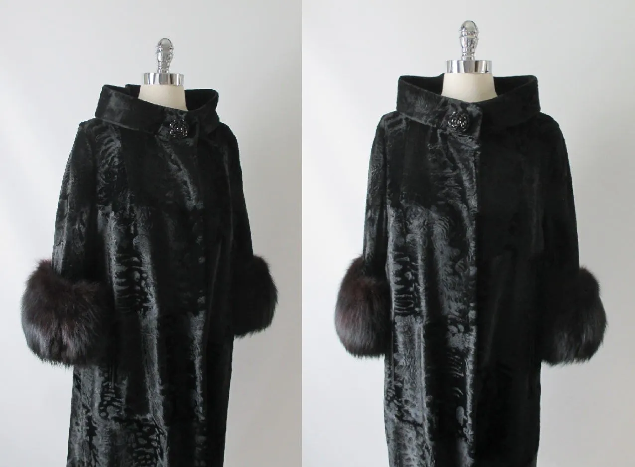  Vintage Black Velvet Fox Fur Evening Swing Coat M  L