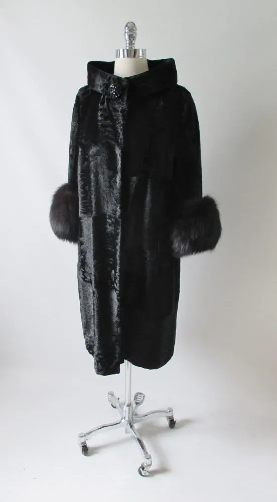  Vintage Black Velvet Fox Fur Evening Swing Coat M  L