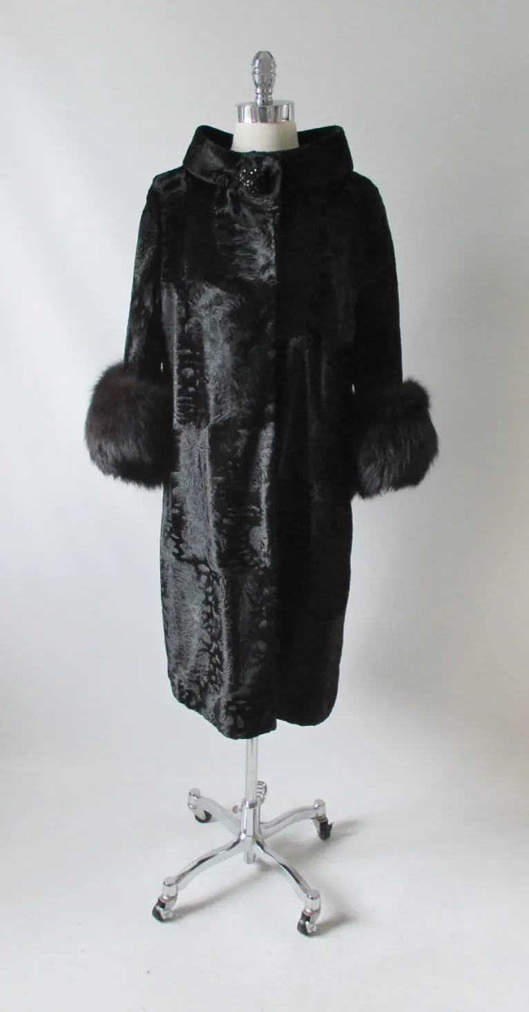  Vintage Black Velvet Fox Fur Evening Swing Coat M  L