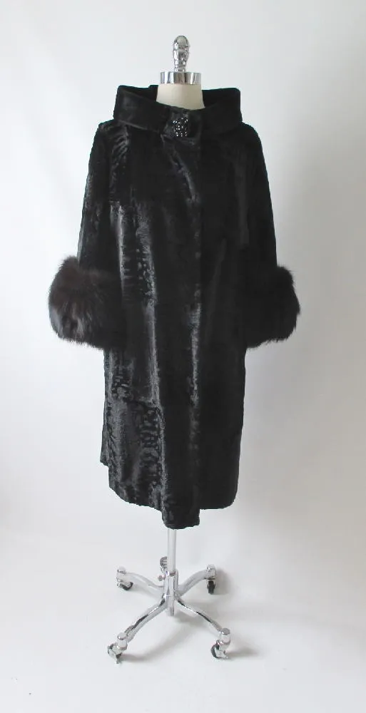  Vintage Black Velvet Fox Fur Evening Swing Coat M  L