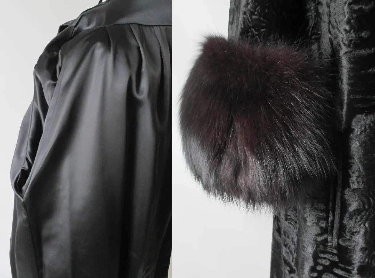  Vintage Black Velvet Fox Fur Evening Swing Coat M  L