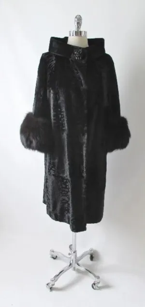  Vintage Black Velvet Fox Fur Evening Swing Coat M  L