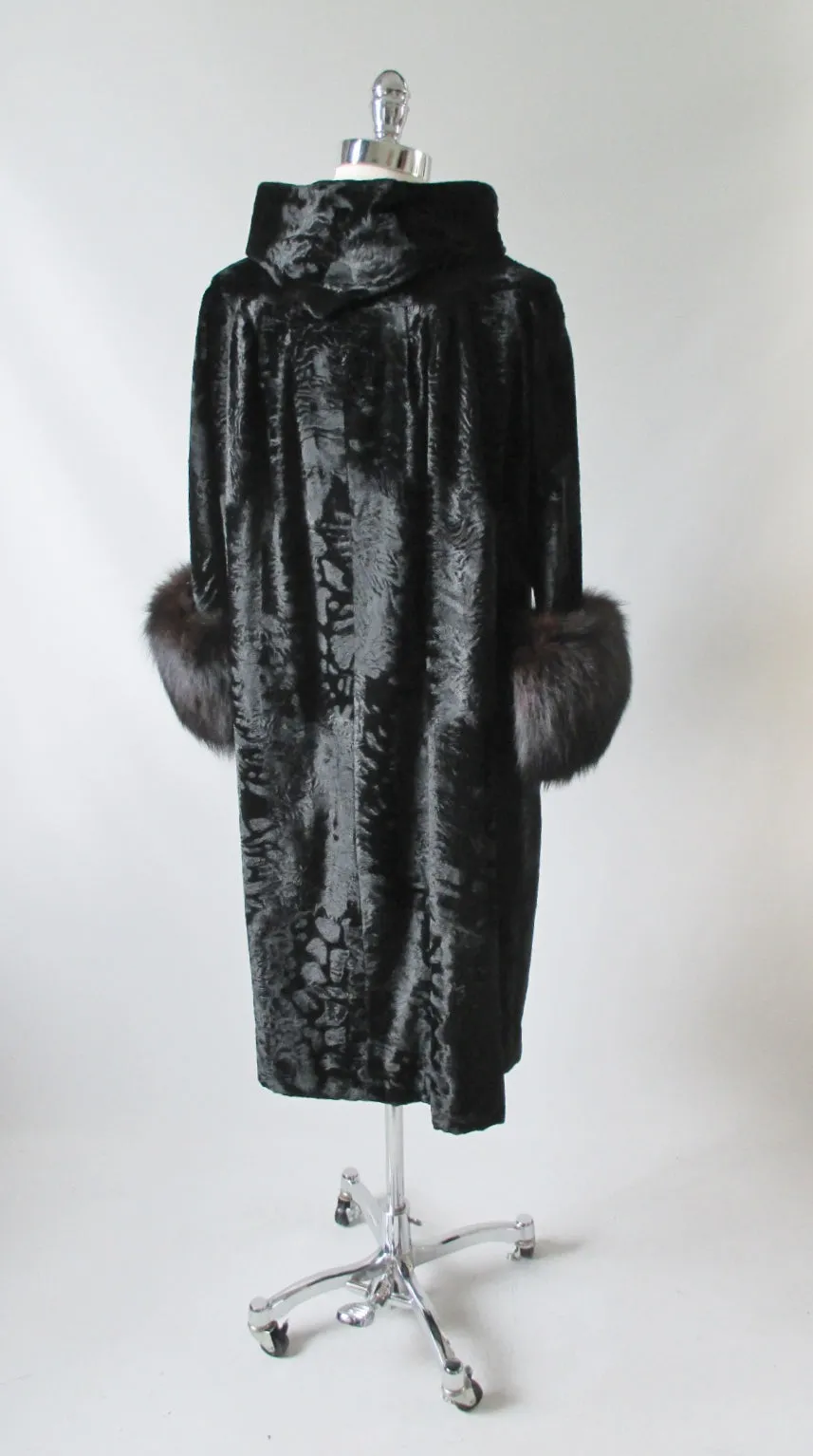  Vintage Black Velvet Fox Fur Evening Swing Coat M  L