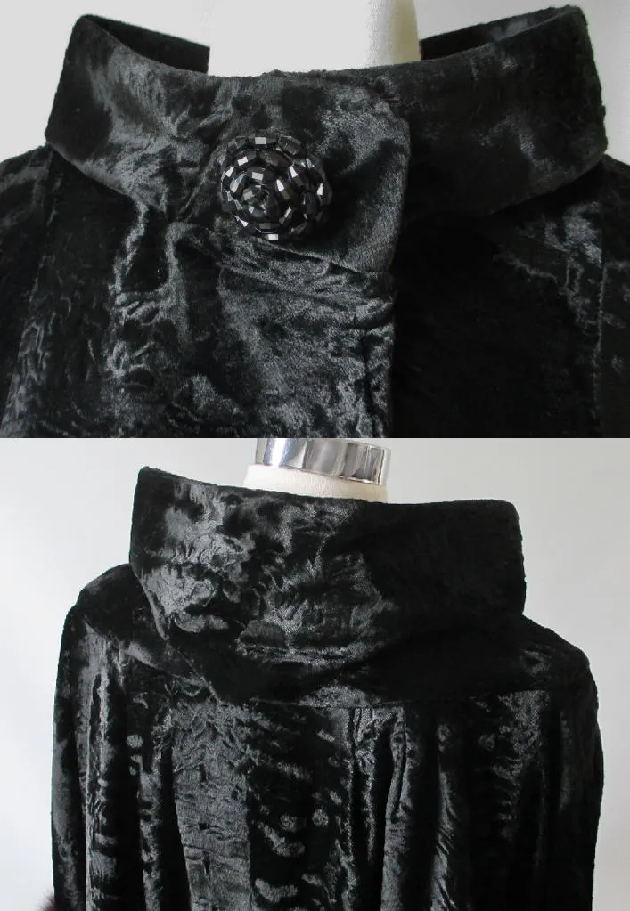  Vintage Black Velvet Fox Fur Evening Swing Coat M  L