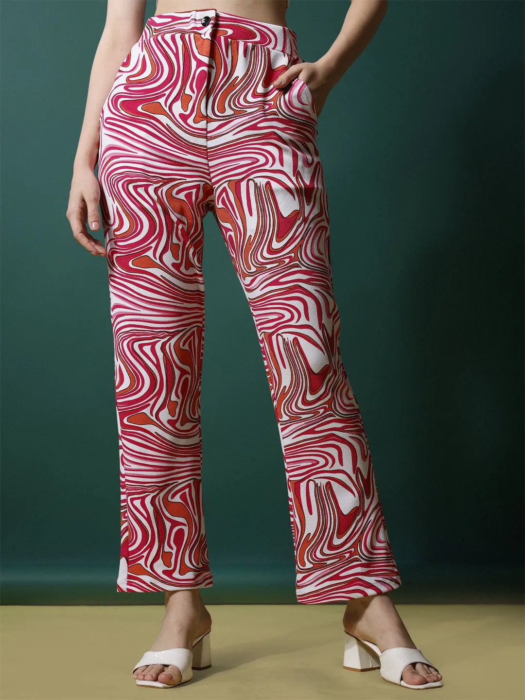 Vivid Pink and White High-Rise Printed Trousers