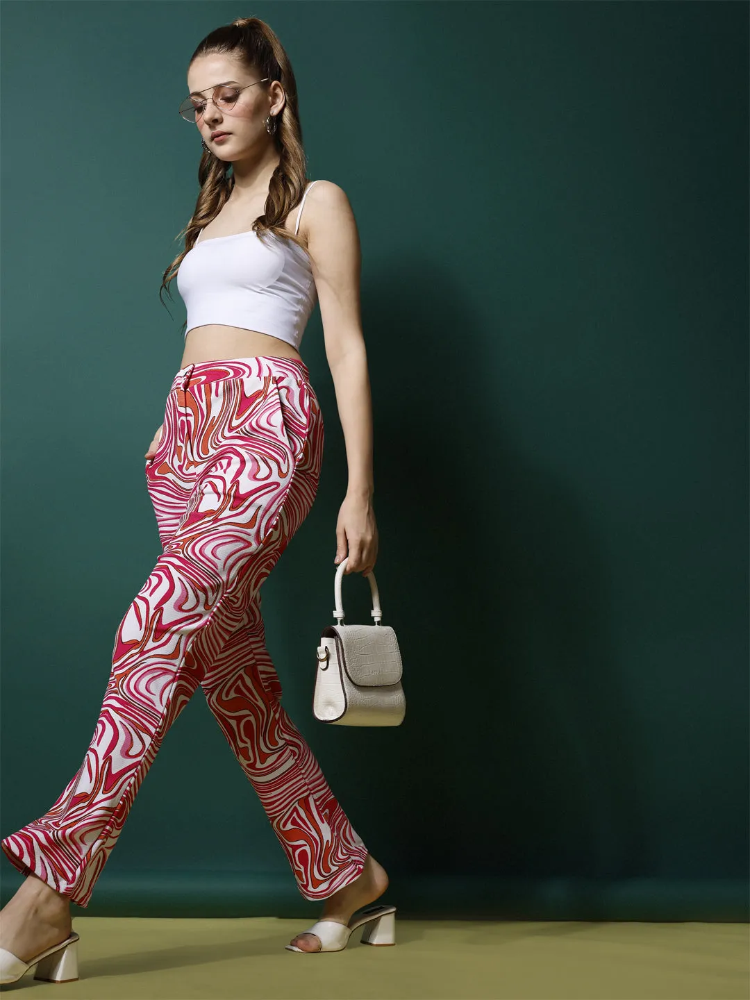 Vivid Pink and White High-Rise Printed Trousers