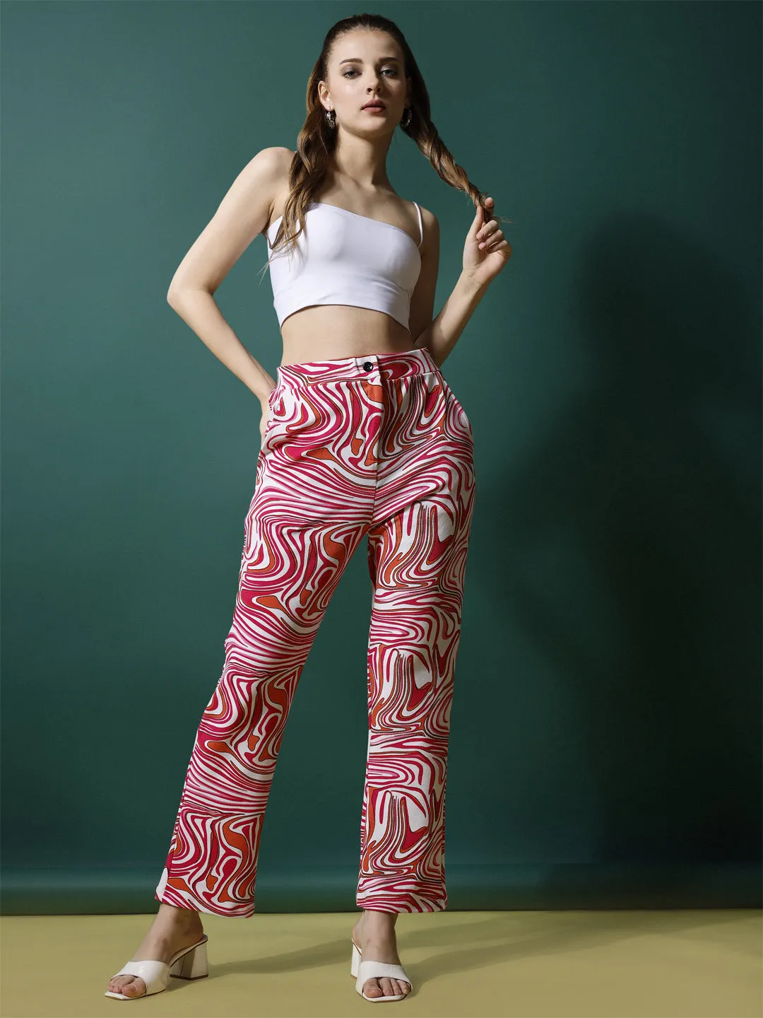 Vivid Pink and White High-Rise Printed Trousers