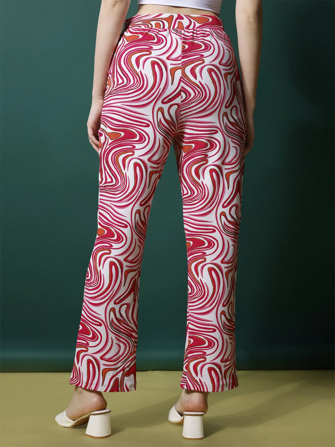 Vivid Pink and White High-Rise Printed Trousers