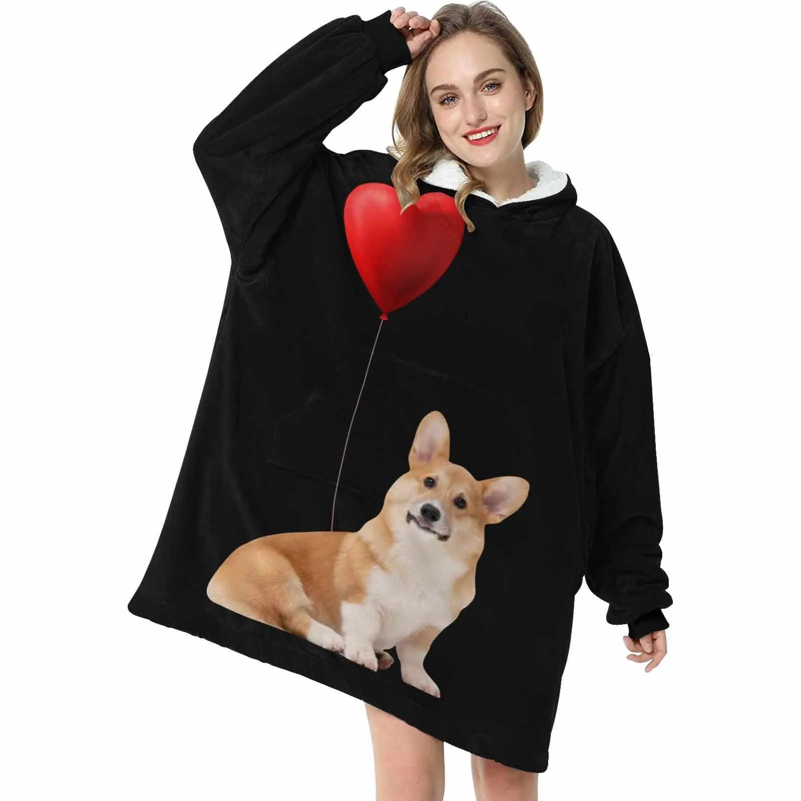 Wearable Blanket Custom Pet Photo Blanket Hoodie for Women Personalized Red Balloon Oversized Hoodie Fleece Blanket Warm Hoodie Dog Lover Gift