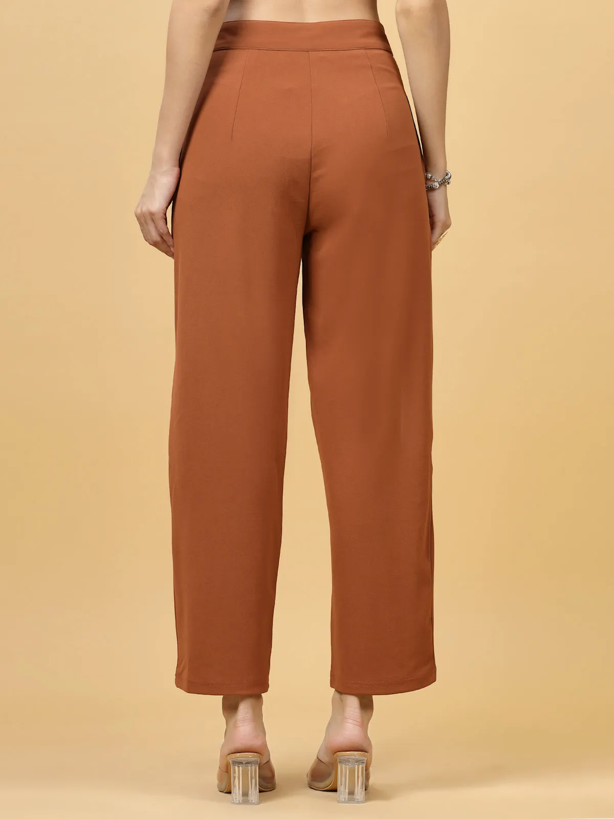 Women Rust Regular Fit Mid-Rise Parallel Trousers