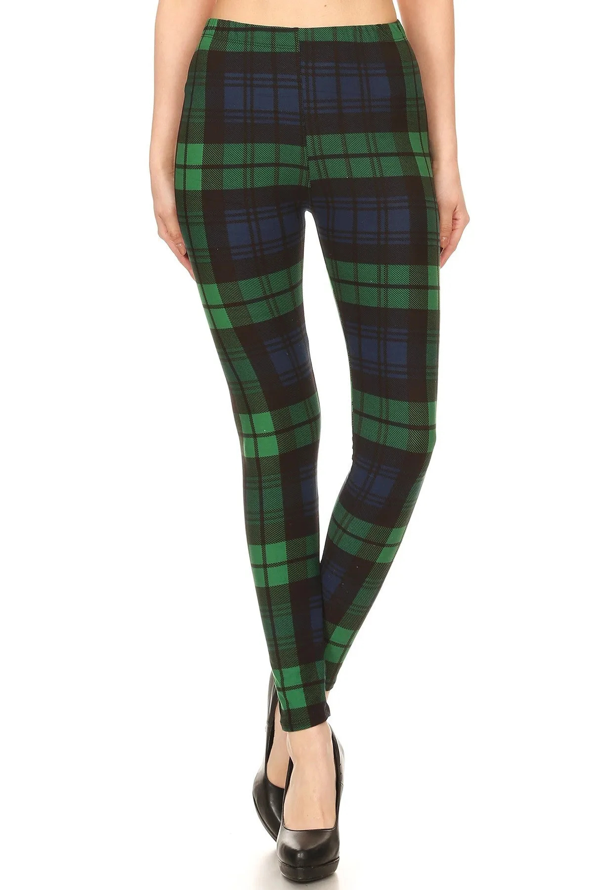 Women's Plus Green Black Plaid Pattern Printed Leggings