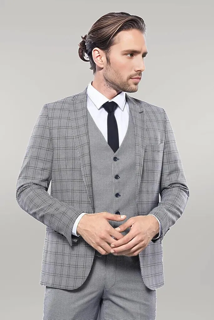 WSS Plaid Slim-Fit Light Blue Men Suit  - Singen