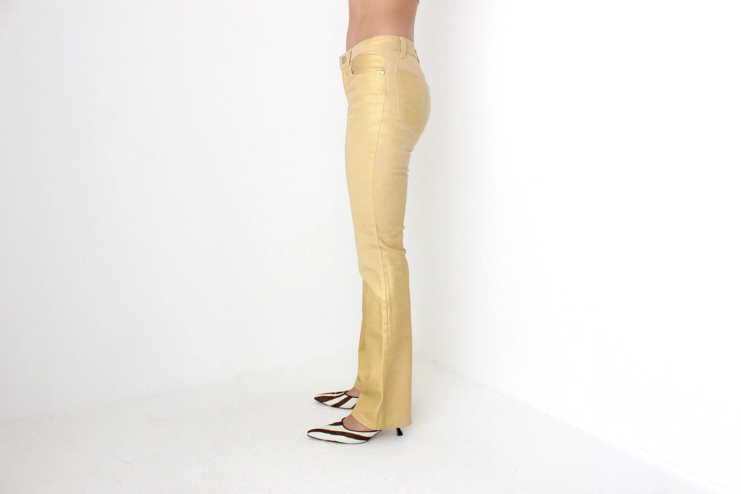 Y2K Roberto Cavalli Sprayed Metallic Leather-Look Gold Jeans